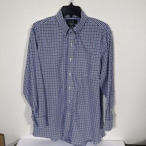 Lauren Ralph Men's Button Down Shirt Blue‎ Check Size 17 32/33 No Iron D2